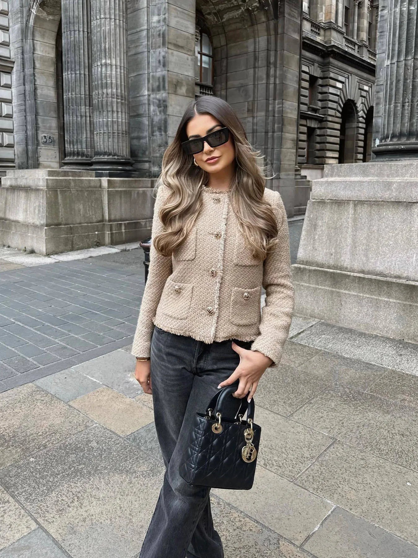 Elegant Two-Piece Tweed Jacket with Pockets