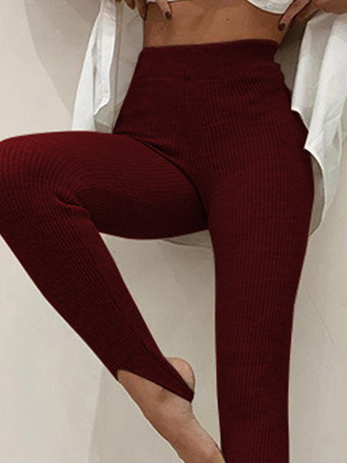 Stylish Ribbed Mid-Waist Fall Leggings