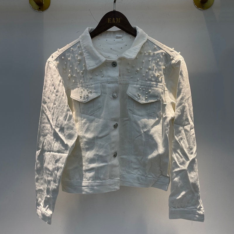Elegant Pearl-Embellished Denim Jacket