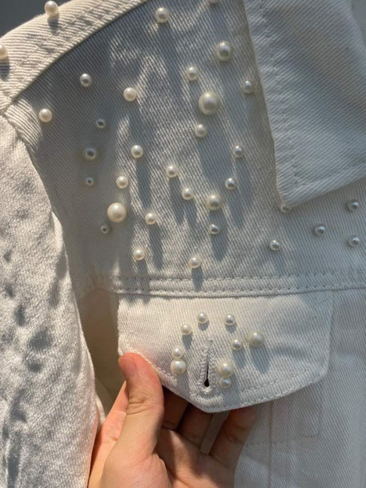 Elegant Pearl-Embellished Denim Jacket