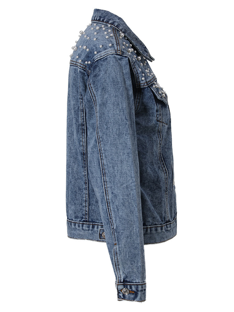 Elegant Pearl-Embellished Denim Jacket