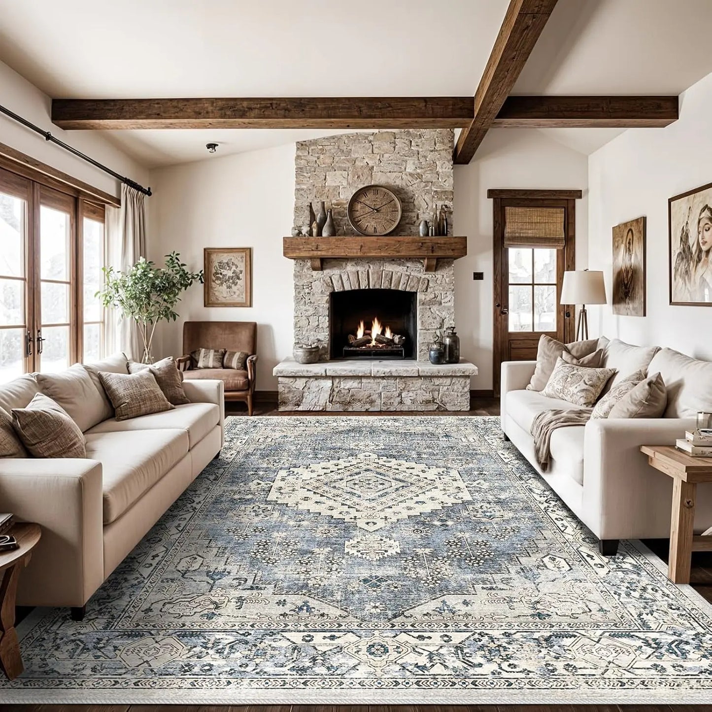 Distressed Washable Large Area Boho Rug
