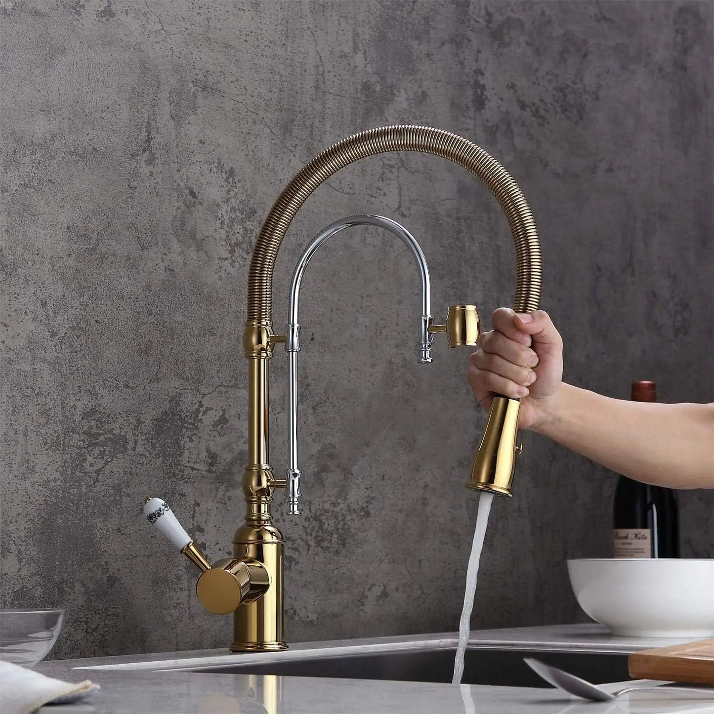 Gold & Chrome Kitchen Faucet with Sprayer