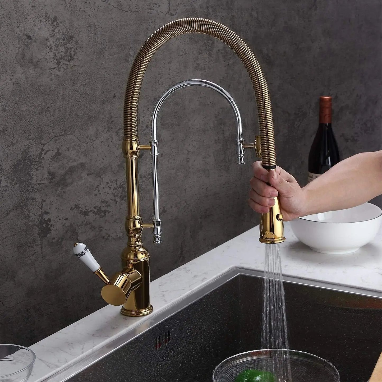 Gold & Chrome Kitchen Faucet with Sprayer