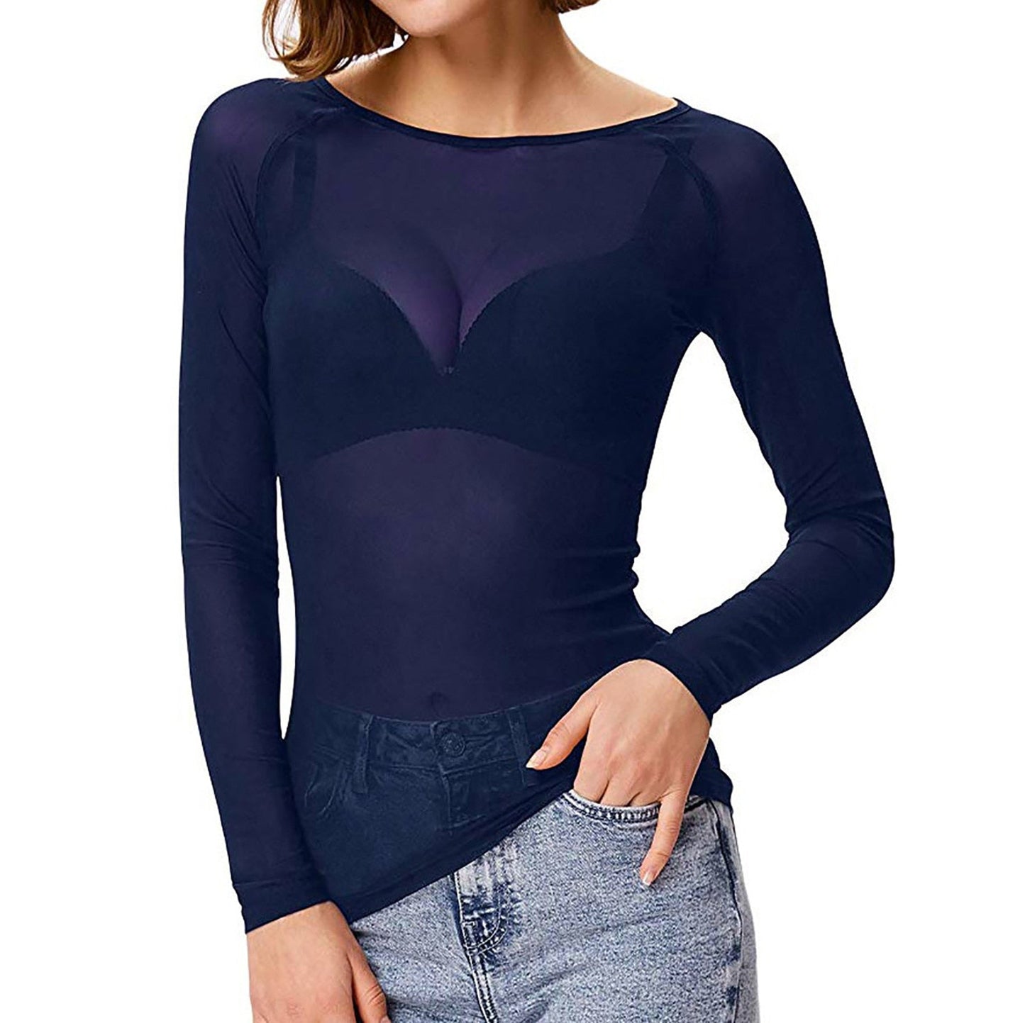 Chic Black Long-Sleeved Mesh Top