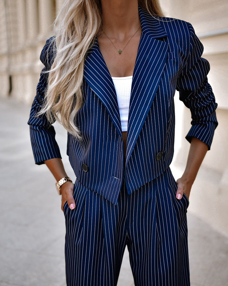Elegant Striped Blazer & Wide Pants Set