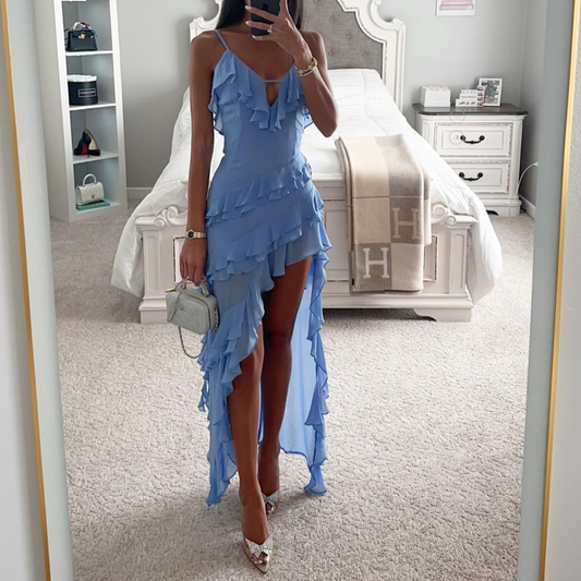 Elegant Blue High Slit Chiffon Dress