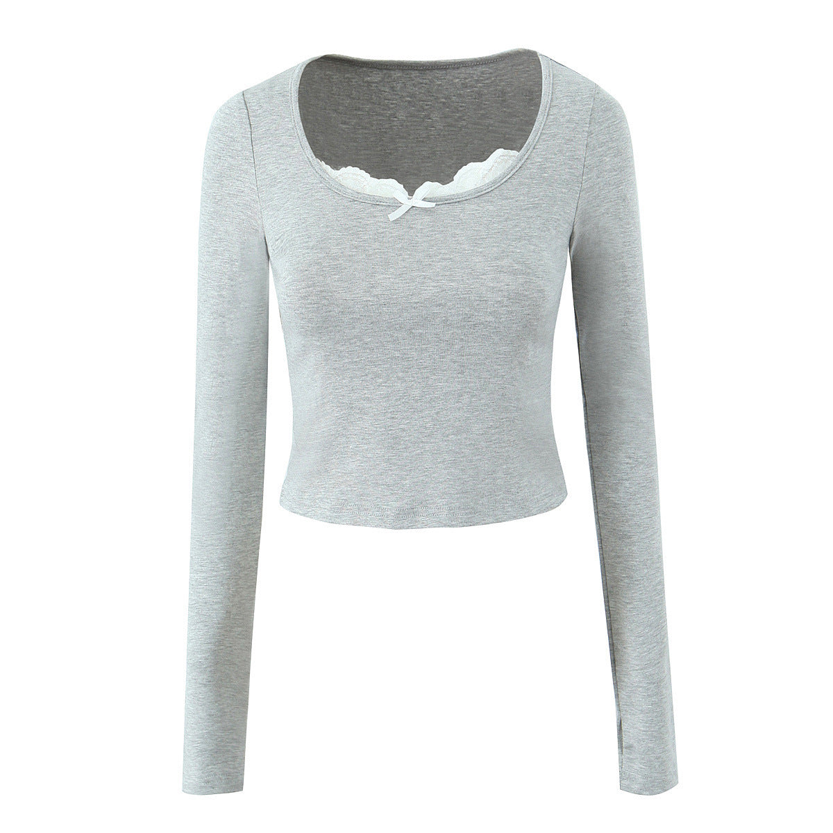 Lace-Trimmed Gray Knit Top & Pants Set