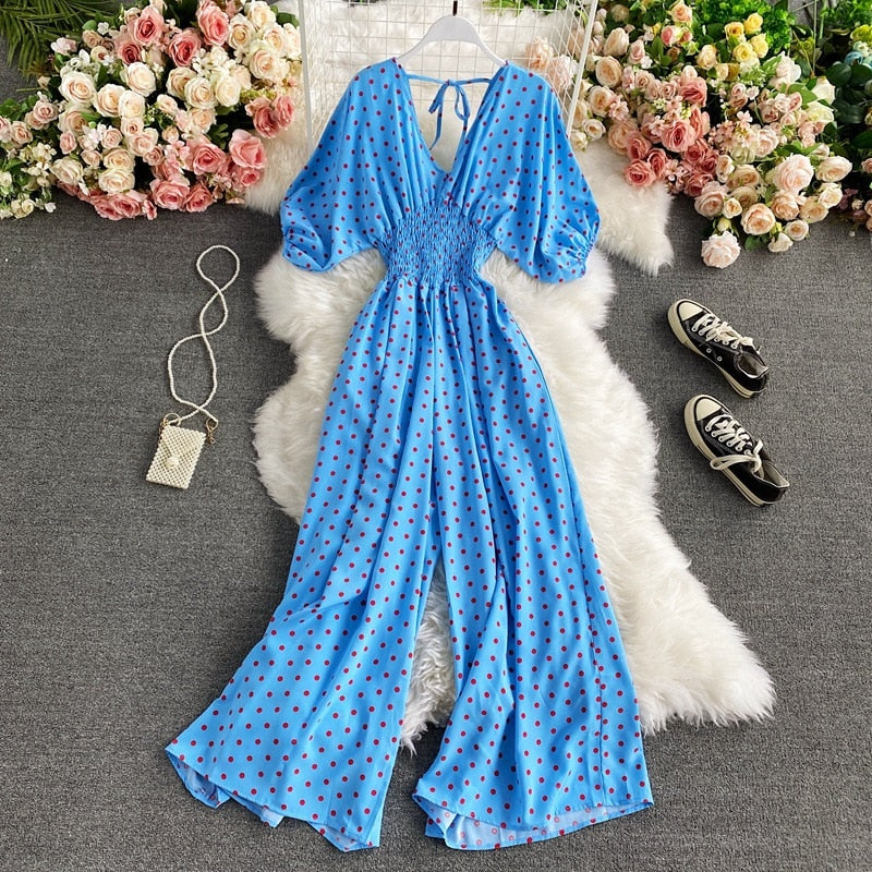 Vibrant Polka Dot Short-Sleeve Jumpsuit