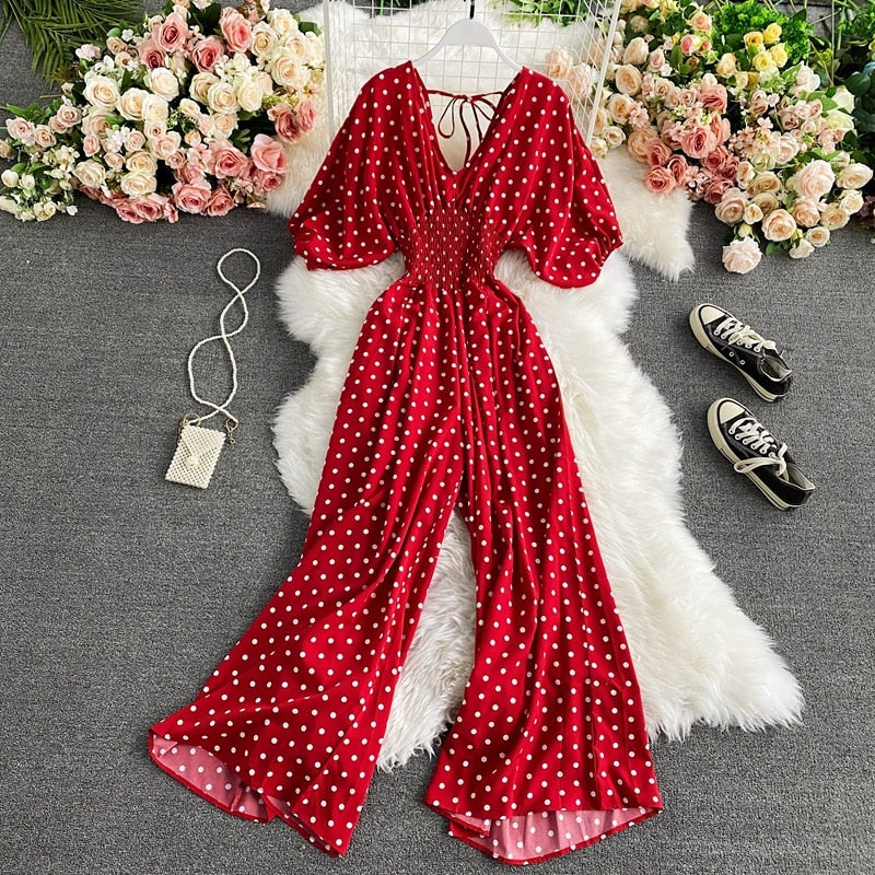 Vibrant Polka Dot Short-Sleeve Jumpsuit