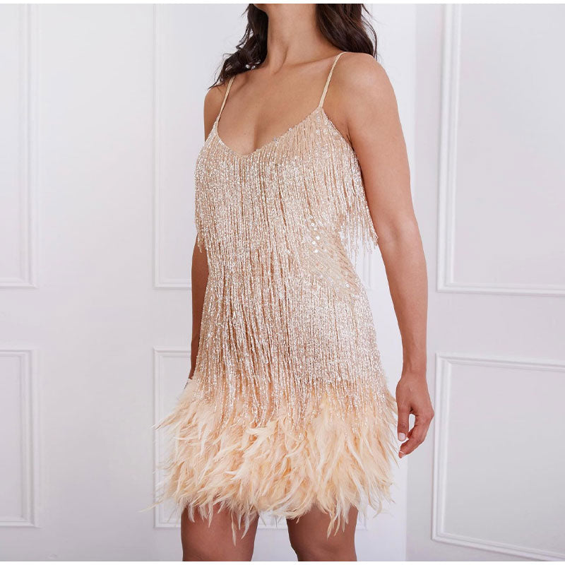 Elegant Sequin Cocktail Dress with Feathers