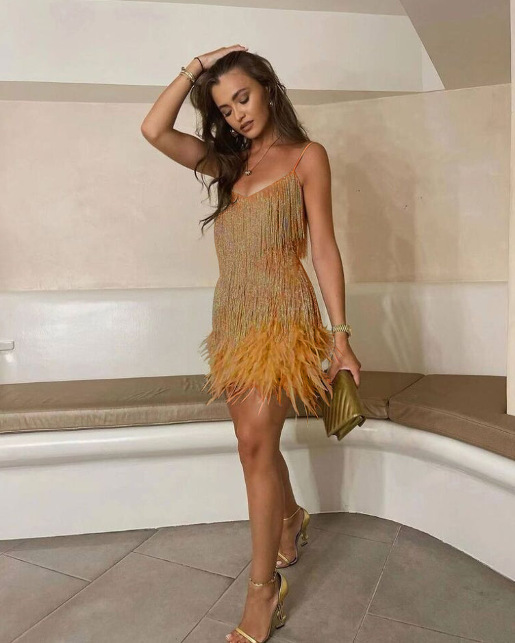 Elegant Sequin Cocktail Dress with Feathers