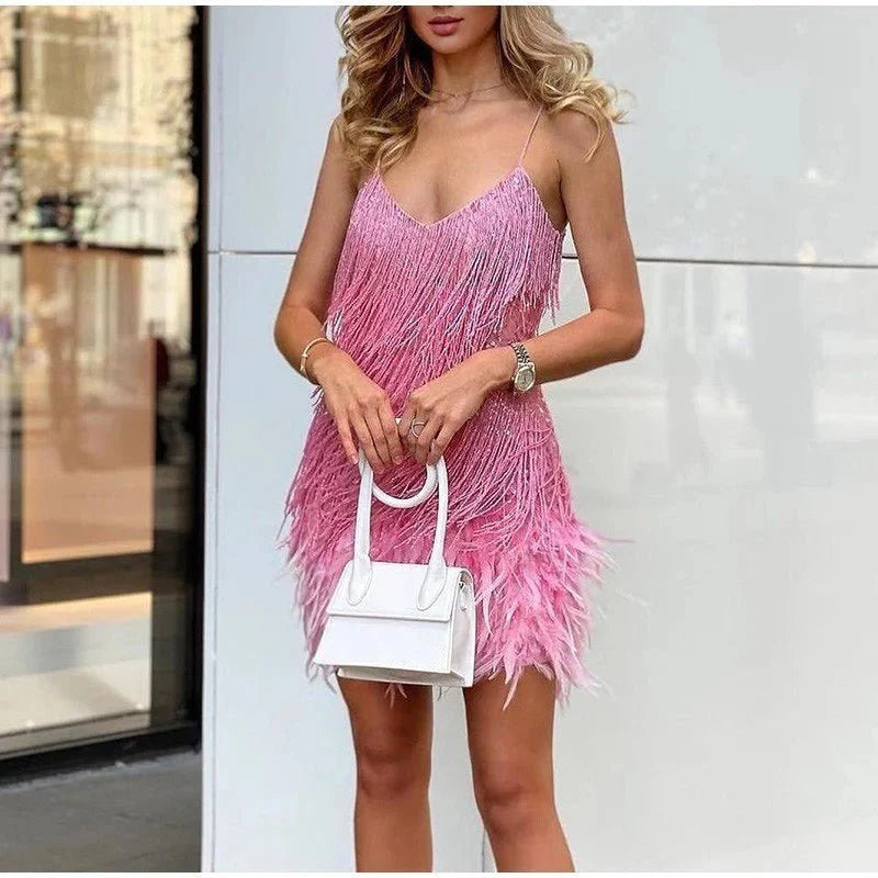 Elegant Sequin Cocktail Dress with Feathers