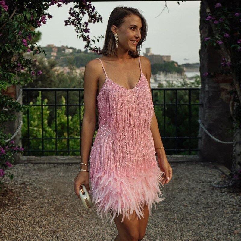 Elegant Sequin Cocktail Dress with Feathers