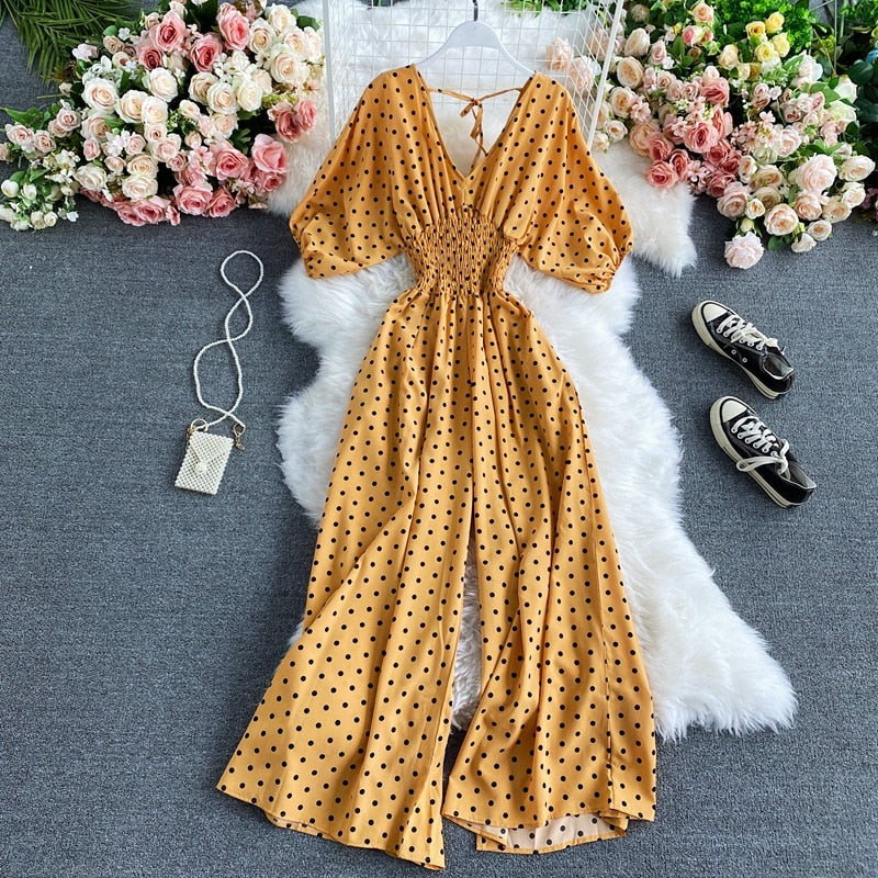 Vibrant Polka Dot Short-Sleeve Jumpsuit