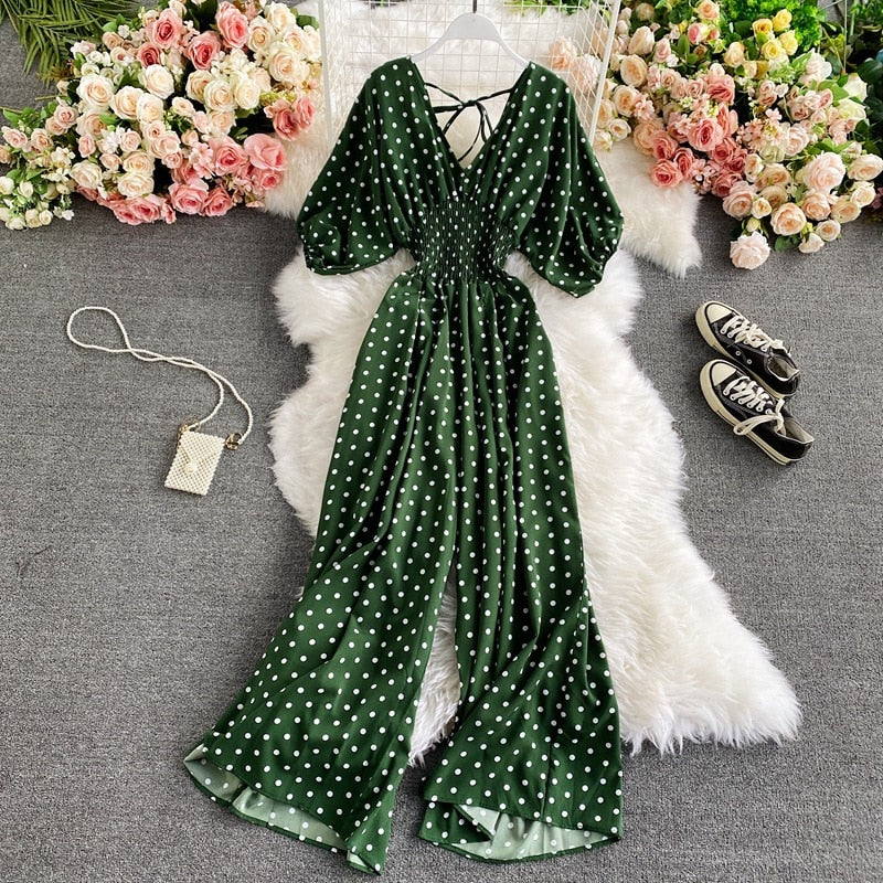 Vibrant Polka Dot Short-Sleeve Jumpsuit