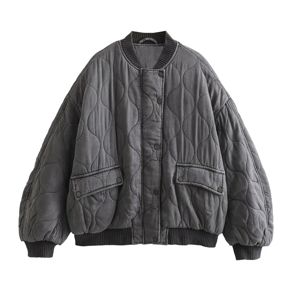 Trendy Women's Oversized Gray Bomber Jacket