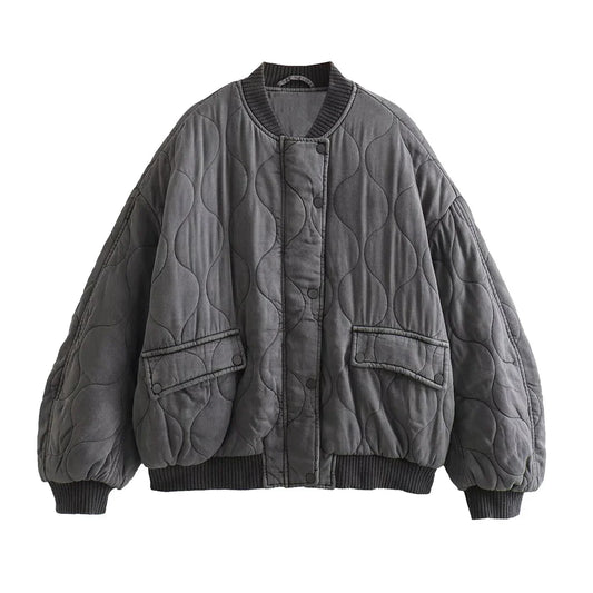 Trendy Women's Oversized Gray Bomber Jacket