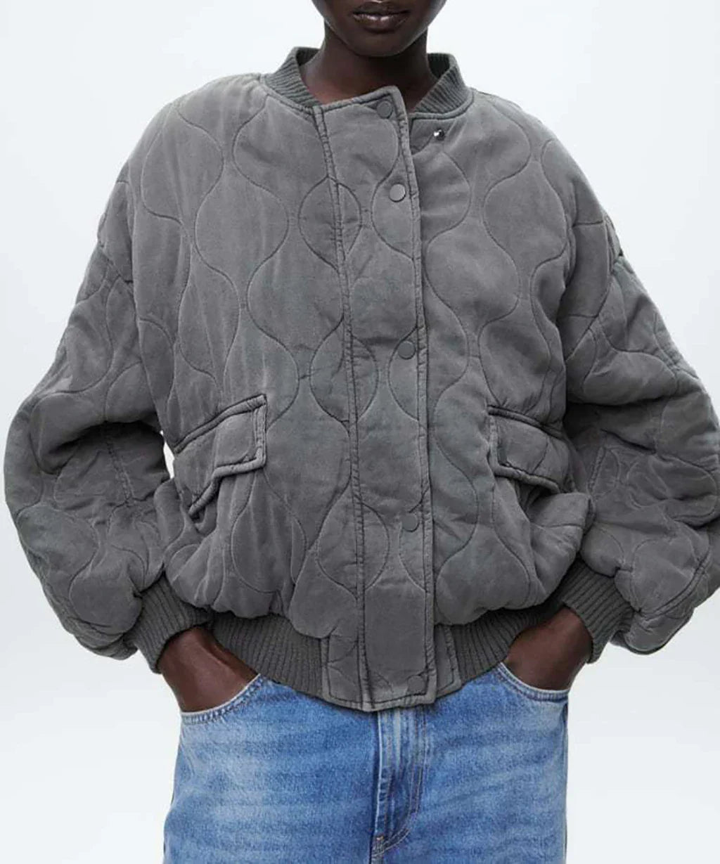 Trendy Women's Oversized Gray Bomber Jacket