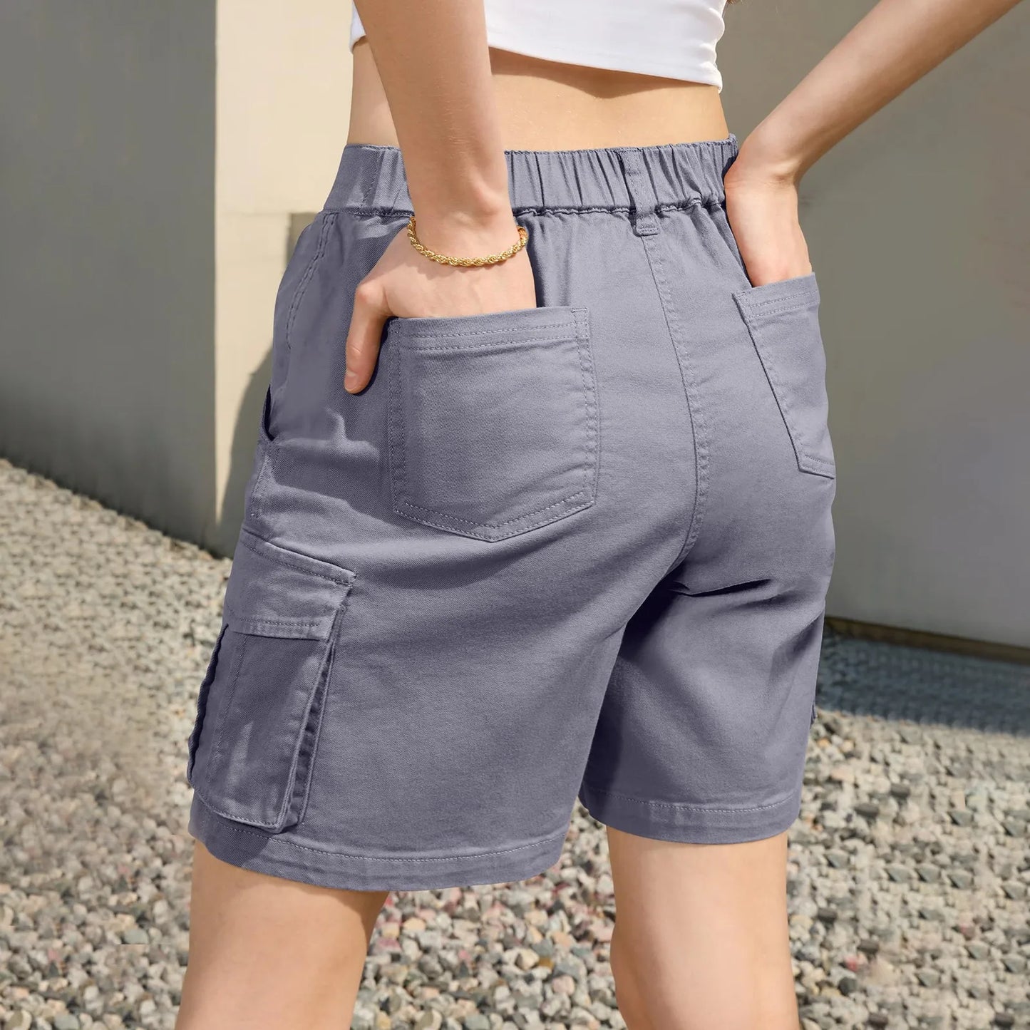 Women's Vintage Cargo Shorts with Elastic Waist & 6 Pockets