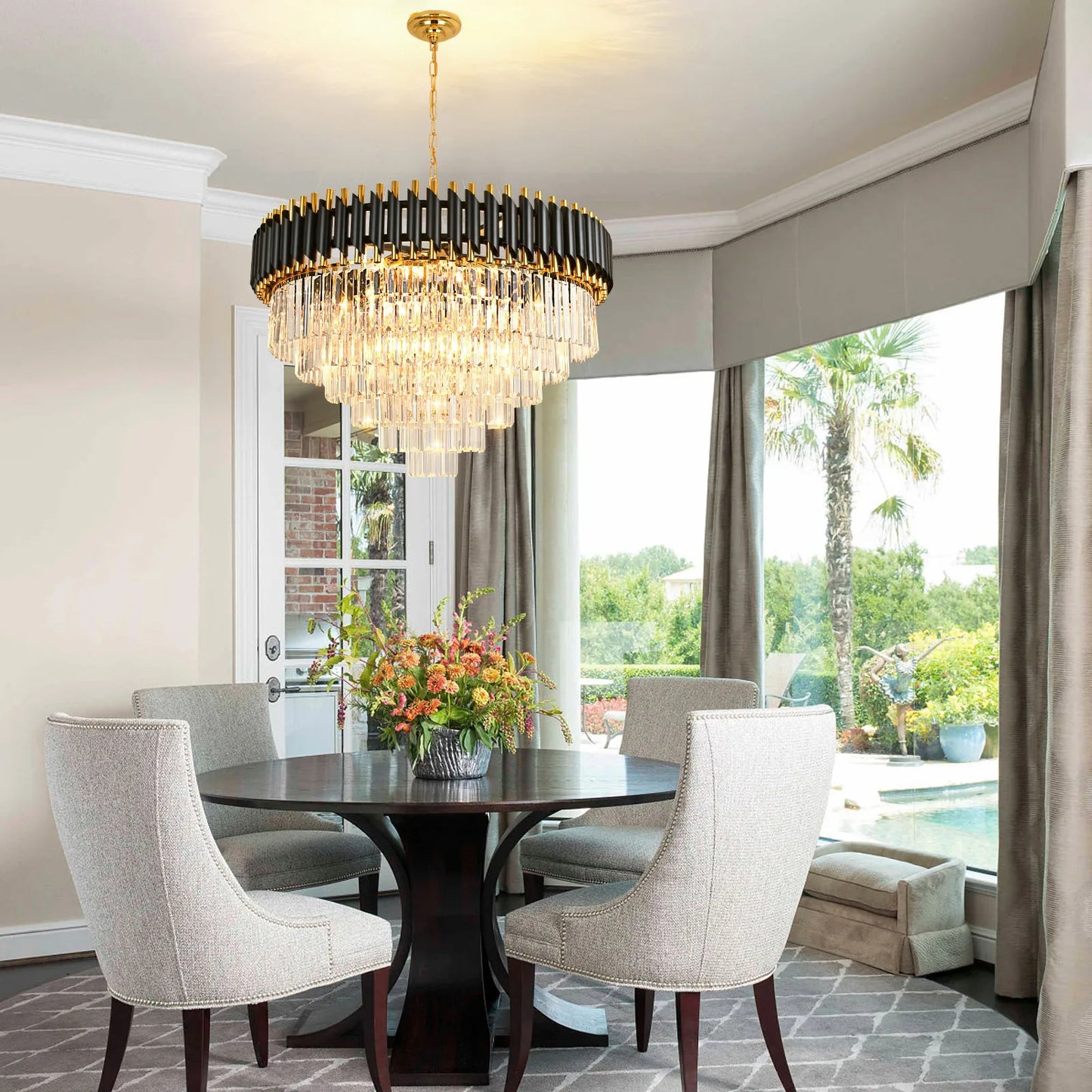 Modern 6-Tier Crystal Black & Gold Chandelier