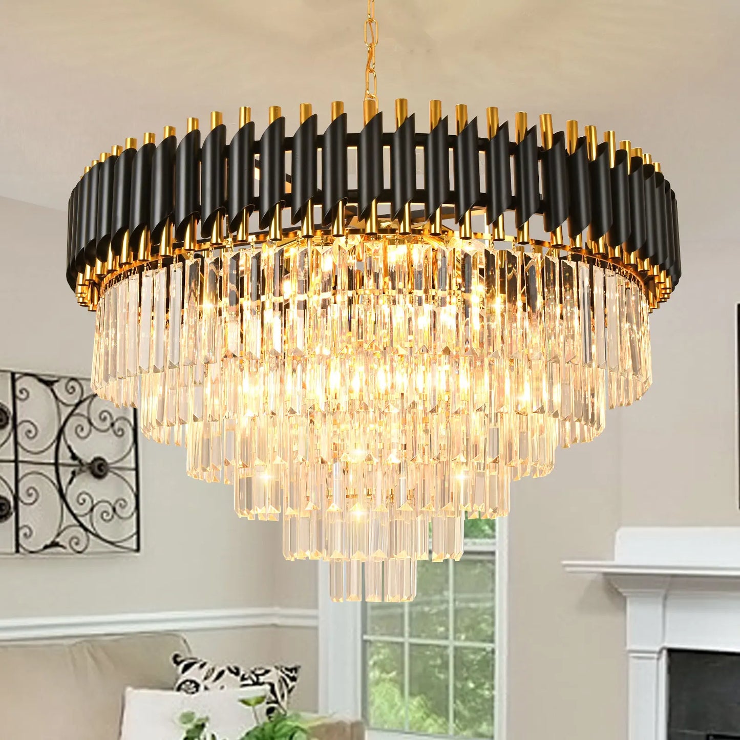 Modern 6-Tier Crystal Black & Gold Chandelier